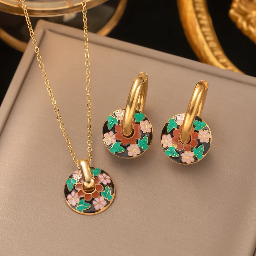 ◾️18k Gold Plated Boho Retro Enamel Round Earrings Necklace Sets